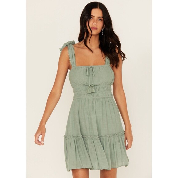 Trixxi Women's Smocked Waist Mini Dress Size Small Sage Green Tie Straps NWT - Picture 1 of 10